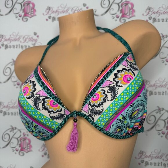 Shade & shore bikini top paisley print tassle bright dotted gold beads 34DD boho - Picture 11 of 13
